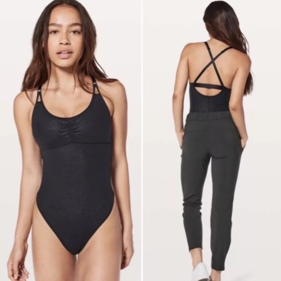 LULULEMON THE EASY BODYSUIT BLACK MONOCHROMATIC EMBOSS THONG BODYSUIT 2 - Picture 1 of 16